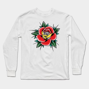 Traditional Rose with colours Tattoo style design Long Sleeve T-Shirt